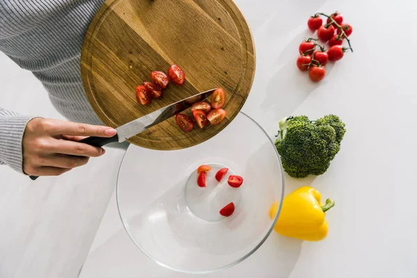 Top View Woman Holding Cutting Board Cherry Tomatoes Bowl — Stock Photo, Image