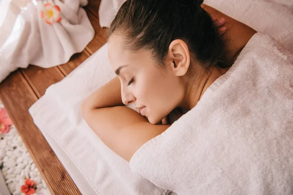 Attractive Woman Closed Eyes Lying Massage Mat — Stock Photo, Image