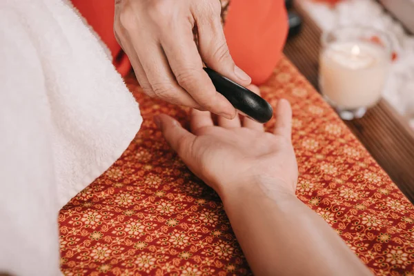 Cropped View Masseur Doing Hot Stone Massage Woman Spa Salon — Stock Photo, Image