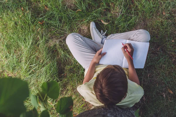 Vista Superior Del Niño Sosteniendo Lápiz Cerca Del Cuaderno Mientras — Foto de Stock