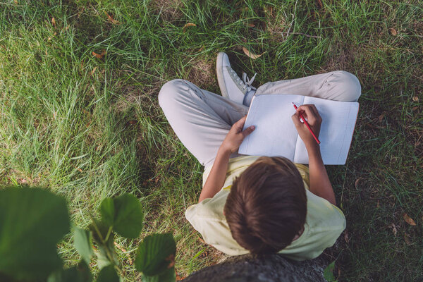 top view of boy holding pencil near notebook while sitting on grass 