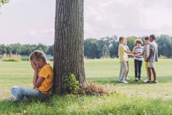 Selective Focus Kid Sitting Tree Trunk Multicultural Children — Stock Photo, Image