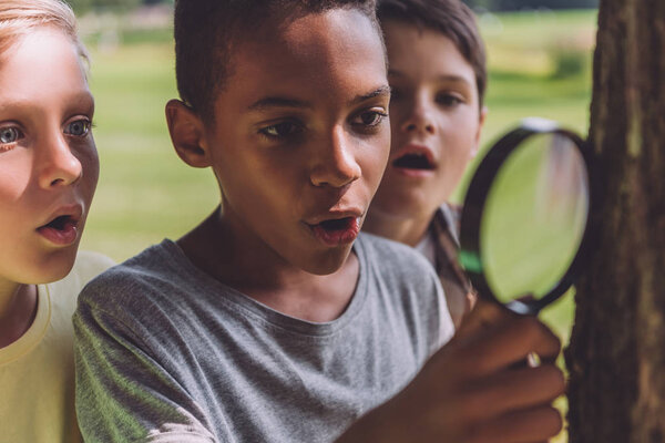 selective focus of surprised multicultural kids looking through magnifier in park 