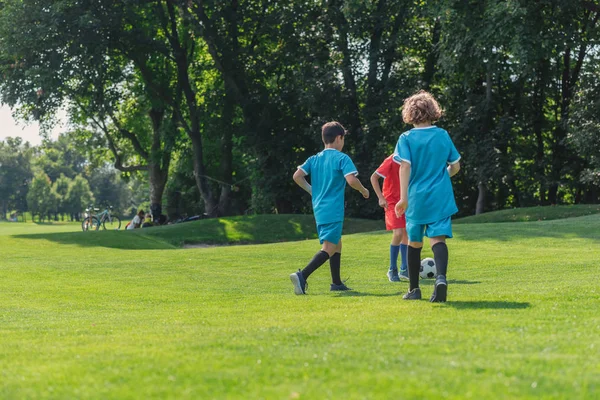back view of curly boy playing football with friends on grass 
