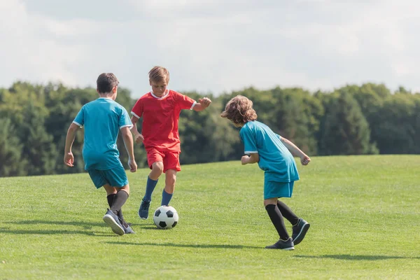curly boy playing football with friends on green grass 