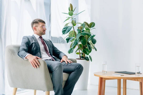 Handsome Businessman Suit Glasses Sitting Armchair — Stock Photo, Image