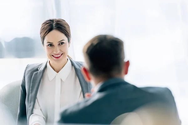 Selective Focus Attractive Journalist Talking Businessman Suit — Stock Photo, Image