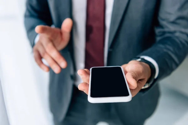 Selective Focus Businessman Formal Wear Holding Smartphone Blank Screen — Stock Photo, Image
