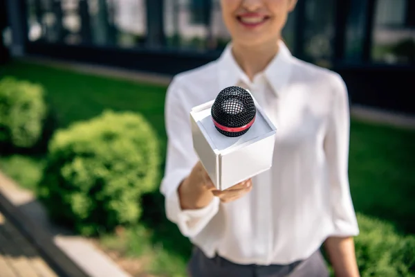 Cropped View Journalist Formal Wear Holding Microphone Smiling — Stock Photo, Image
