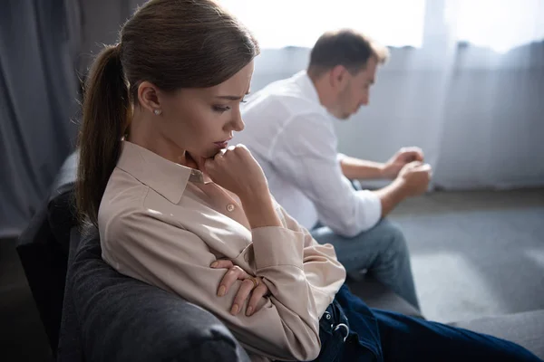 Pensive Upset Couple Living Room Home — Stock Photo, Image