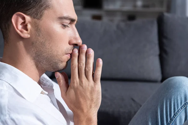 Side View Depressed Man Living Room Home — Stock Photo, Image