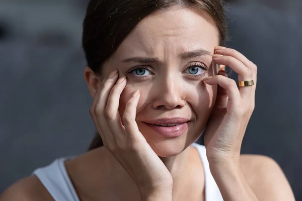 Stressed Young Woman Ring Crying Looking Camera — Stock Photo, Image