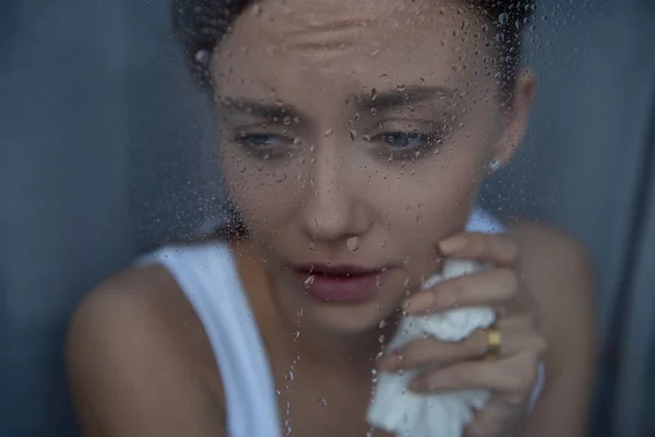 Selective Focus Upset Young Woman Crying Home — Stock Photo, Image