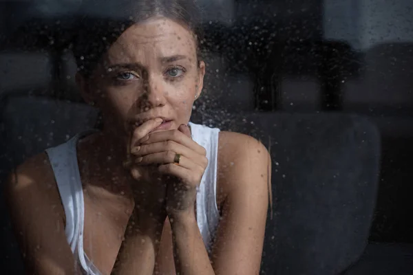 Selective Focus Stressed Young Woman Crying Home — Stock Photo, Image