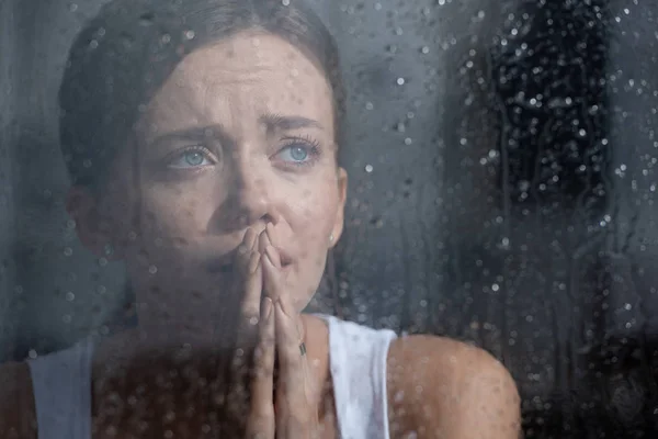 Selective Focus Upset Young Woman Crying Showing Please Gesture Home — Stock Photo, Image