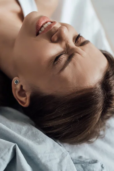 Stressed Young Woman Lying Bed Home — Stock Photo, Image