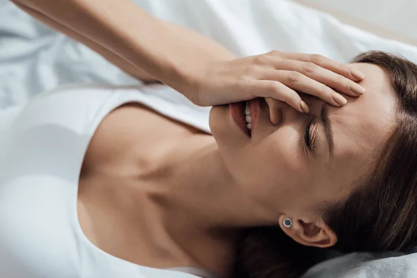 Stressed Young Woman Lying Bed Home — Stock Photo, Image