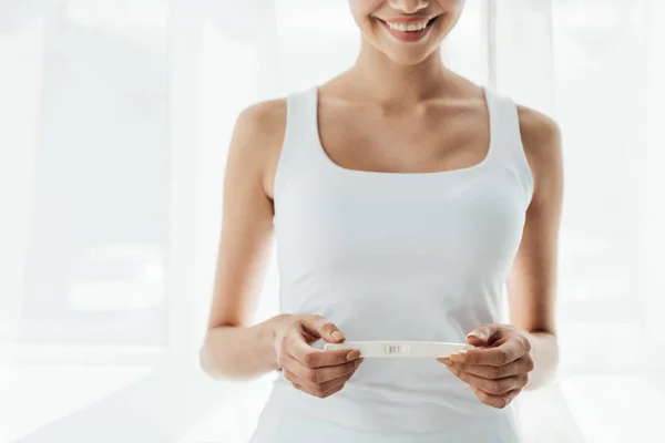 Cropped View Smiling Young Woman Holding Pregnancy Test Home — Stock Photo, Image