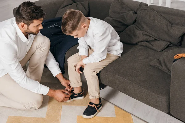 Bearded Father Tying Shoelaces Son Home — Stock Photo, Image
