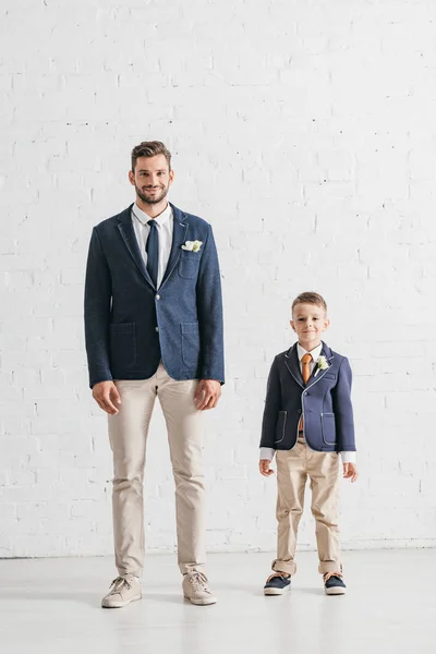 Full Length View Father Son Jackets Boutonnieres — Stock Photo, Image