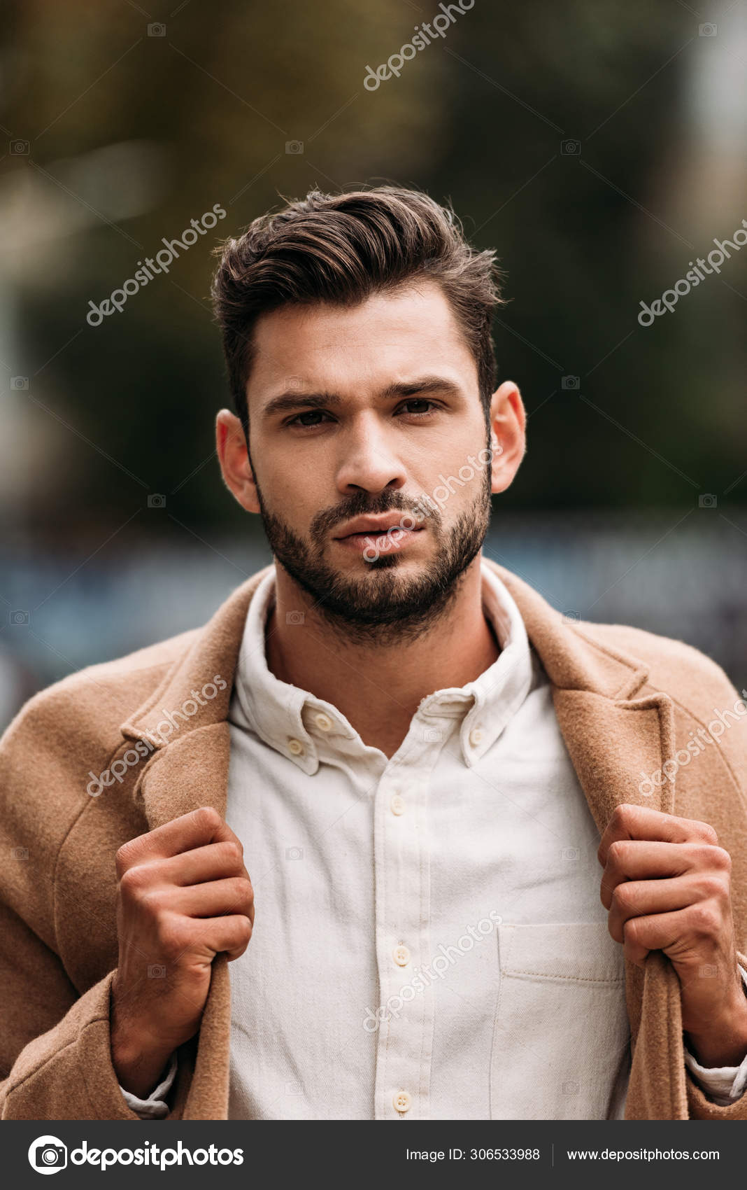 Front View Handsome Bearded Man Stylish Coat Autumn Day Street Stock ...