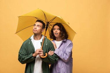 sarı üzerinde izole şemsiye tutan yağmurluklar şaşırttı ırklararası çift