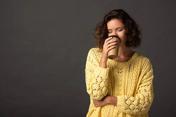 Curly Woman Yellow Knitted Sweater Closed Eyes Holding Coffee Black — Stock Photo, Image