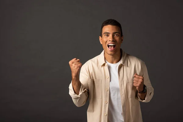 Excited Handsome Mixed Race Man Beige Shirt Showing Yes Gesture — Stock Photo, Image