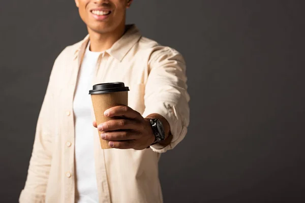 Cropped View Mixed Race Man Beige Shirt Holding Coffee Black — Stock Photo, Image