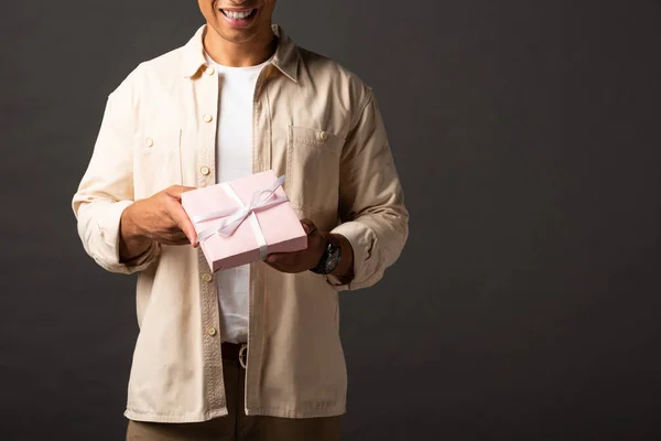 Cropped View Smiling Mixed Race Man Beige Shirt Holding Present — Stock Photo, Image