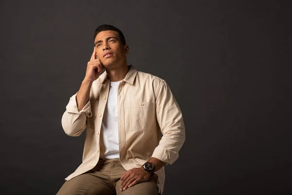 Pensive Handsome Mixed Race Man Beige Shirt Sitting Chair Black — Stock Photo, Image