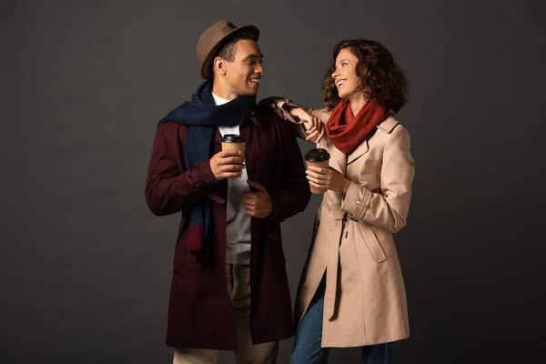 Happy Stylish Interracial Couple Autumn Outfit Holding Coffee Looking Each — Stock Photo, Image