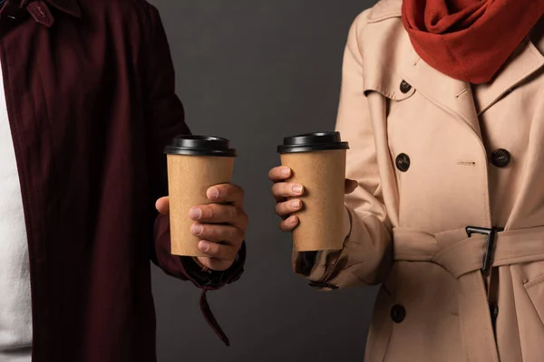 Cropped View Stylish Interracial Couple Autumn Outfit Holding Coffee Black — Stock Photo, Image