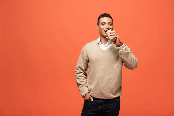 Mixed Race Man Beige Sweater Drinking Paper Cup Isolated Orange — Stock Photo, Image