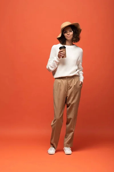 Woman Hat Glasses Holding Coffee Orange — Stock Photo, Image