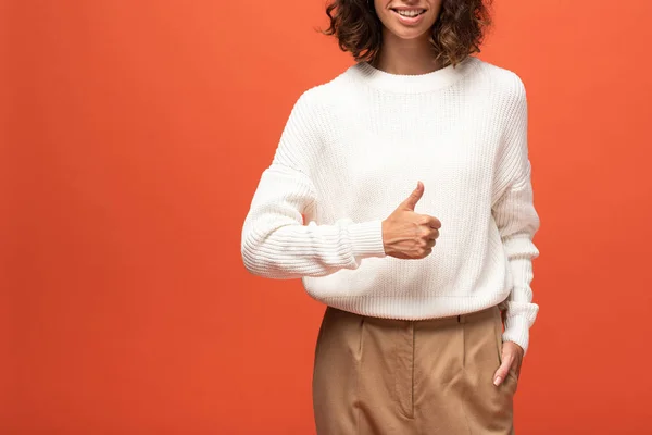 Cropped View Woman Autumnal Outfit Showing Thumb Isolated Orange — Stock Photo, Image