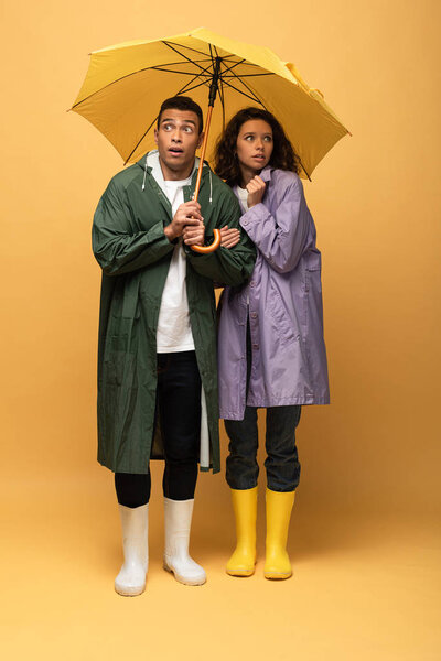 scared interracial couple in raincoats and rubber boots holding umbrella on yellow background