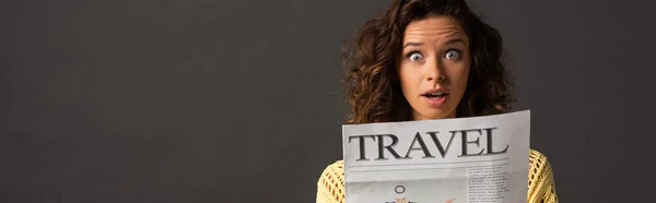 Panoramic Shot Shocked Curly Woman Yellow Knitted Sweater Holding Travel — Stock Photo, Image