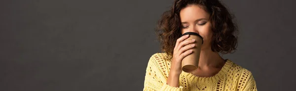 Panoramic Shot Curly Woman Yellow Knitted Sweater Closed Eyes Holding — Stock Photo, Image