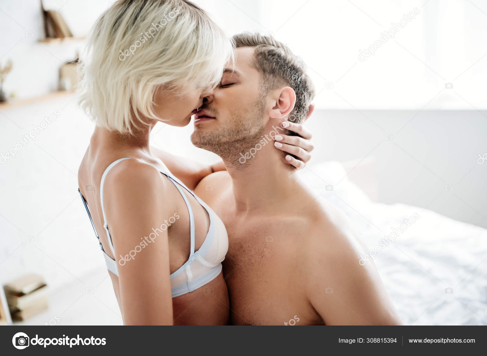 Blonde Woman White Underwear Kissing Handsome Man Apartment Stock Photo by ©HayDmitriy 308815394