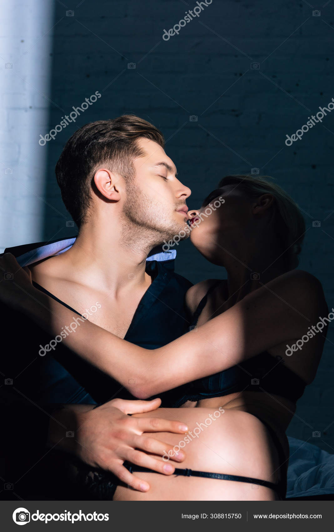 Blonde Woman Black Underwear Kissing Handsome Man Shirt Stock Photo by ©HayDmitriy 308815750 pic