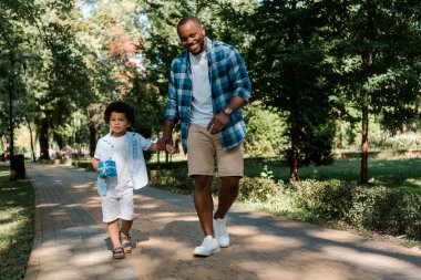 parkta yolda yürürken oğlu ile el ele tutuşan mutlu afrikalı amerikalı baba 