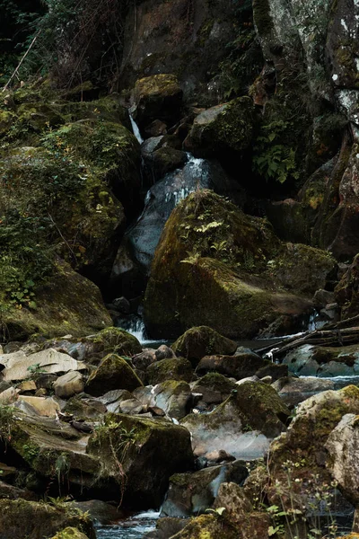 Moho Rocas Cerca Arroyo Que Fluye Bosque — Foto de Stock