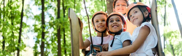 Panoramic Shot Positive Multicultural Kids Looking Adventure Park — Stock Photo, Image