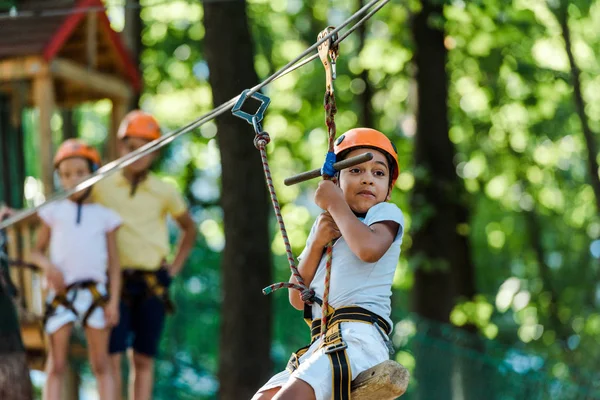 Selective Focus Cute African American Boy Riding Cable Car Friends — Stock Photo, Image