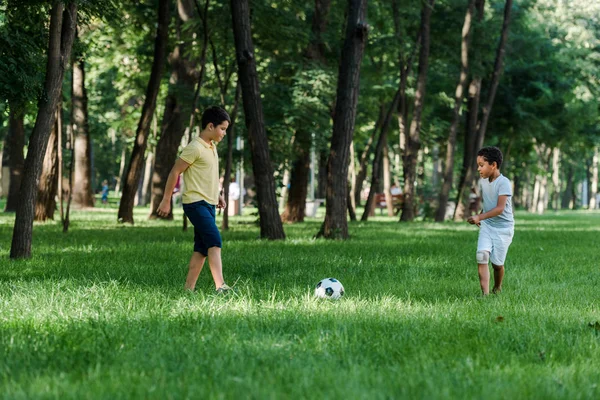 cute multicultural boys playing football on green grass 