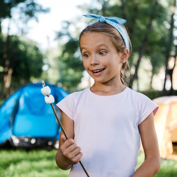 Surprised Kid Smiling While Holding Stick Sweet Marshmallows — Stock Photo, Image