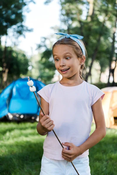 Surprised Kid Smiling While Looking Stick Sweet Marshmallows — Stock Photo, Image