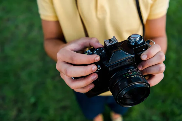 Cropped View Kid Holding Digital Camera Hands — Stock Photo, Image