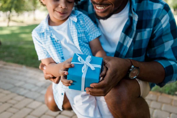 Cropped View Happy African American Father Son Holding Blue Gift — Stock Photo, Image